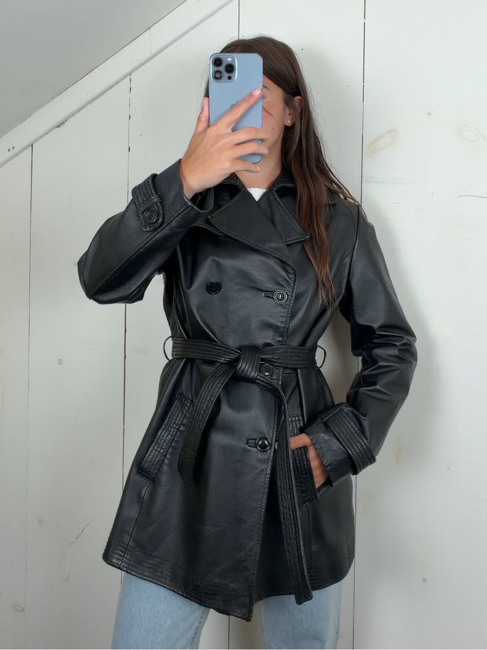 Vintage Black Leather Mid Length Double Breasted Belted Trench Coat Womens Small